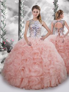 Organza Scoop Sleeveless Lace Up Beading and Ruffles Sweet 16 Quinceanera Dress in Baby Pink