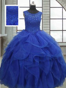 Lovely Sleeveless Floor Length Ruffles and Sequins Lace Up Quince Ball Gowns with Royal Blue