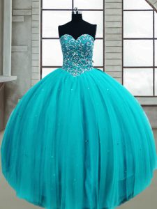 Comfortable Sleeveless Tulle Floor Length Lace Up Sweet 16 Dress in Aqua Blue with Beading