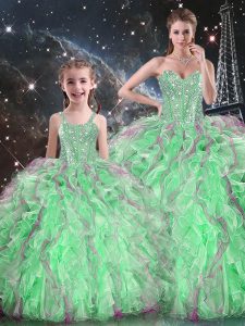 Custom Fit Green Ball Gowns Sweetheart Sleeveless Organza Floor Length Lace Up Beading and Ruffles Quinceanera Dresses
