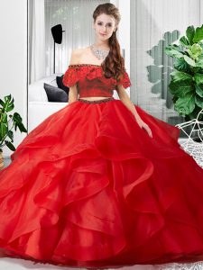 High Class Floor Length Two Pieces Sleeveless Red 15th Birthday Dress Lace Up