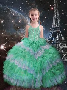 Affordable Floor Length Apple Green Custom Made Pageant Dress Organza Sleeveless Beading and Ruffled Layers