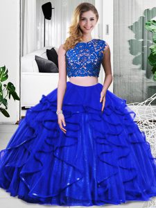 Modest Sleeveless Floor Length Lace and Ruffles Zipper Sweet 16 Quinceanera Dress with Royal Blue