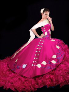 Lace Up Quinceanera Gowns Fuchsia for Military Ball and Sweet 16 and Quinceanera with Embroidery and Ruffles Brush Train