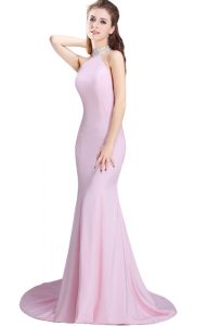 New Arrival Halter Top Sleeveless Brush Train Side Zipper Prom Party Dress Baby Pink Elastic Woven Satin