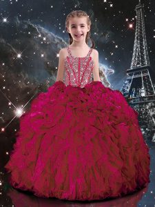 Sleeveless Floor Length Beading and Ruffles Lace Up Little Girl Pageant Gowns with Hot Pink