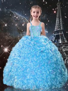 Aqua Blue Lace Up Kids Pageant Dress Beading and Ruffles Sleeveless Floor Length