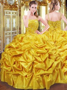 Noble Floor Length Lace Up Vestidos de Quinceanera Gold for Military Ball and Sweet 16 and Quinceanera with Beading and 