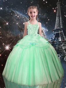 Simple Apple Green Sleeveless Floor Length Beading Lace Up Girls Pageant Dresses