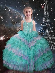 Turquoise Child Pageant Dress Quinceanera and Wedding Party with Beading and Ruffled Layers Straps Sleeveless Lace Up
