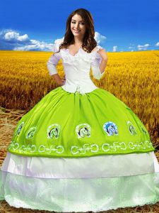 Yellow Green 3 4 Length Sleeve Taffeta Lace Up Quinceanera Gowns for Military Ball and Sweet 16 and Quinceanera