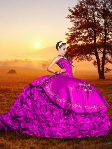 Cheap Fuchsia Ball Gowns Organza Sweetheart Sleeveless Embroidery and Ruffles Lace Up 15 Quinceanera Dress Brush Train