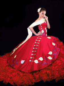 Clearance Taffeta V-neck Sleeveless Brush Train Lace Up Embroidery and Ruffles Quinceanera Dress in Red