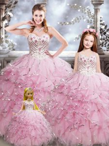 Baby Pink Ball Gowns Beading and Ruffles Sweet 16 Quinceanera Dress Lace Up Organza Sleeveless Floor Length