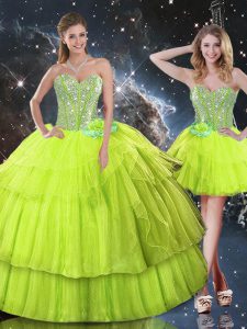 Hot Sale Floor Length Lace Up Quince Ball Gowns Yellow Green for Military Ball and Sweet 16 and Quinceanera with Ruffled