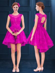 Flare Fuchsia Lace Up Scoop Lace and Belt Wedding Guest Dresses Satin and Tulle Sleeveless