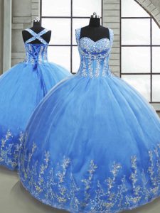 Exceptional Sweetheart Sleeveless Tulle Ball Gown Prom Dress Beading and Appliques Lace Up