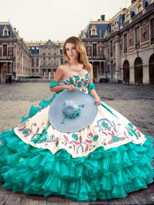 Simple Sleeveless Organza and Taffeta Floor Length Lace Up Quinceanera Dresses in Turquoise with Embroidery and Ruffled 