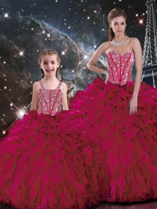 Burgundy Organza Lace Up Sweetheart Sleeveless Floor Length 15th Birthday Dress Beading and Ruffles