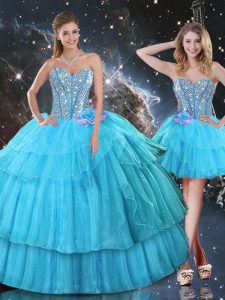 Aqua Blue Lace Up Sweet 16 Quinceanera Dress Ruffled Layers and Sequins Sleeveless Floor Length