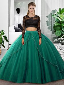 Trendy Dark Green Scoop Backless Lace and Ruching Quinceanera Gowns Long Sleeves