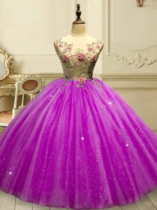 Trendy Fuchsia Tulle Lace Up Quinceanera Dresses Sleeveless Floor Length Appliques and Sequins