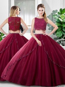 Lovely Burgundy Two Pieces Tulle Scoop Sleeveless Lace and Ruching Floor Length Zipper Quinceanera Gown