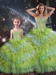 Excellent Multi-color Organza Lace Up Sweet 16 Dress Sleeveless Floor Length Beading and Ruffled Layers and Sequins