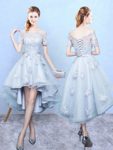 Fashion Off The Shoulder Short Sleeves Tulle Quinceanera Dama Dress Lace Lace Up
