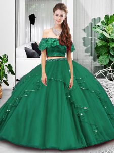 Fantastic Dark Green Two Pieces Lace and Ruffles Quinceanera Gown Lace Up Tulle Sleeveless Floor Length