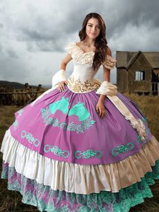 Multi-color Taffeta Lace Up 15th Birthday Dress Sleeveless Brush Train Embroidery and Ruffled Layers