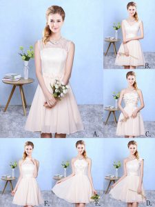 Perfect Champagne One Shoulder Lace Up Lace Wedding Party Dress Sleeveless