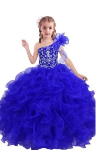 Floor Length Royal Blue Little Girls Pageant Dress One Shoulder Sleeveless Lace Up