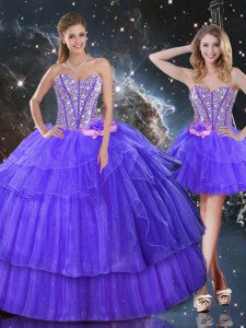 Most Popular Purple Ball Gowns Organza Sweetheart Sleeveless Beading and Ruffled Layers Floor Length Lace Up Quinceanera