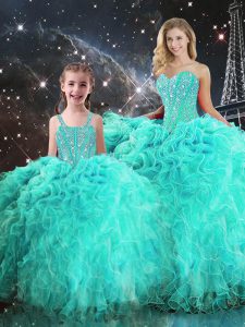 Cute Turquoise Sleeveless Floor Length Beading and Ruffles Lace Up Quince Ball Gowns