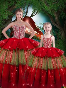 Floor Length Wine Red Ball Gown Prom Dress Organza Sleeveless Beading and Ruffled Layers