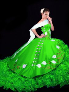 Green Ball Gowns Sweetheart Sleeveless Organza Brush Train Lace Up Embroidery and Ruffles Quinceanera Gown