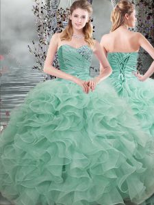 Floor Length Lace Up 15th Birthday Dress Apple Green for Military Ball and Sweet 16 and Quinceanera with Beading and Ruf