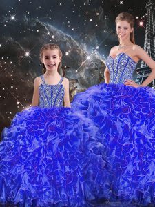 Luxury Blue Ball Gowns Beading and Ruffles Vestidos de Quinceanera Lace Up Organza Sleeveless Floor Length
