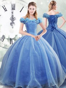 Shining Light Blue Ball Gown Prom Dress Military Ball and Sweet 16 and Quinceanera with Pick Ups Off The Shoulder Sleeve