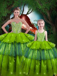 Sexy Sweetheart Sleeveless 15 Quinceanera Dress Floor Length Beading and Ruffled Layers Olive Green Organza