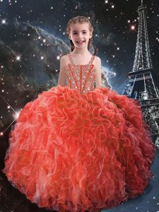 Cute Coral Red Organza Lace Up Pageant Gowns For Girls Sleeveless Floor Length Beading and Ruffles