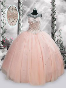 Elegant Sleeveless Floor Length Beading and Sequins Lace Up 15 Quinceanera Dress with Pink