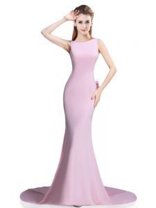 Pretty Pink Evening Dress Prom and Party with Beading and Bowknot Scoop Sleeveless Brush Train Clasp Handle
