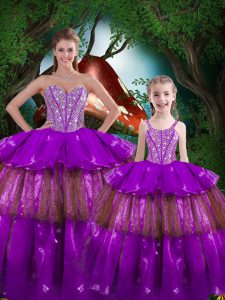 Flare Sweetheart Sleeveless Quince Ball Gowns Floor Length Beading and Ruffled Layers Purple Organza