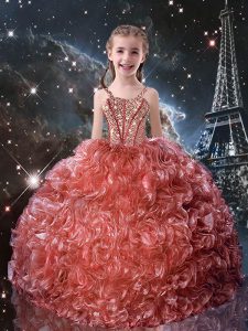 Watermelon Red Sleeveless Beading and Ruffles Floor Length Little Girls Pageant Gowns