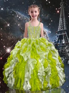 Graceful Olive Green Organza Lace Up Straps Sleeveless Pageant Dresses Beading and Ruffles