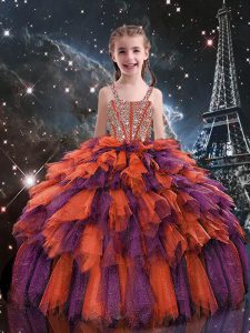 Admirable Sleeveless Tulle Floor Length Lace Up Kids Pageant Dress in Rust Red with Beading and Ruffles