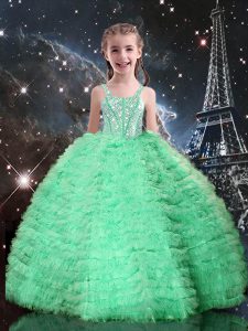 Custom Made Ball Gowns Girls Pageant Dresses Apple Green Straps Tulle Sleeveless Floor Length Lace Up