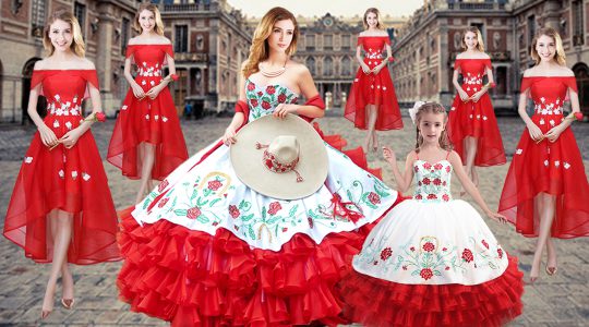 Pretty Organza Sweetheart Sleeveless Lace Up Embroidery and Ruffled Layers Sweet 16 Dresses in Red